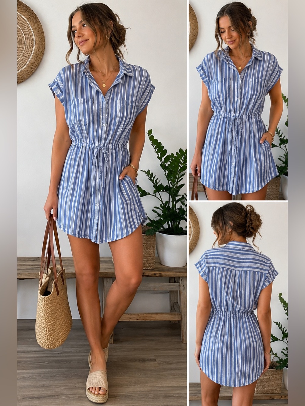 Japna Blue & White Striped Cotton Shirt Dress Coastal Cottagecore XL